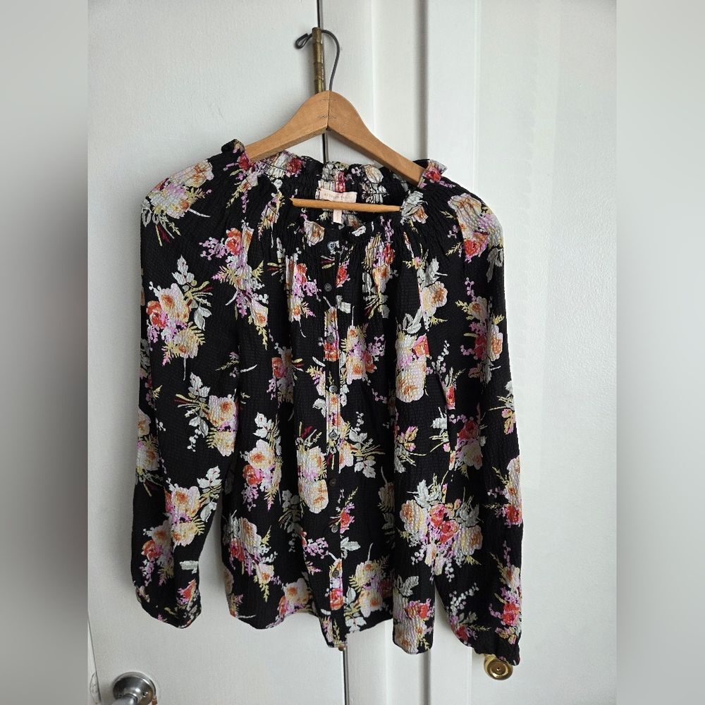 Rebecca Taylor Boquet Floral Peasant Balloon Sleeve Silk Black Blouse Size Small